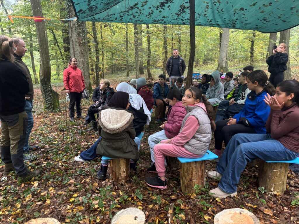 Schülerinnen und Schüler hören im Waldklassenzimmer aufmerksam zu